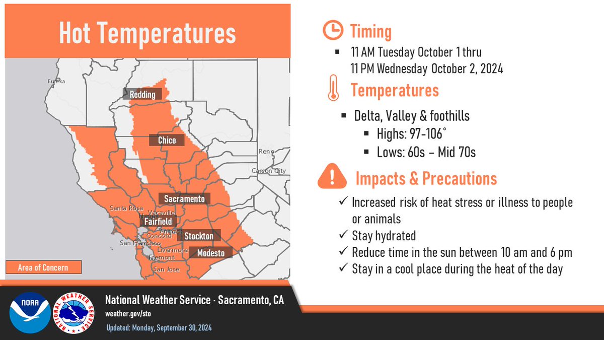 NWSSacramento's tweet image. We have issued a heat advisory for 11am Tuesday through 11pm Wednesday for elevations below 3000 feet. Temperatures are forecast to be in the upper 90's to 106°F with limited overnight cooling, especially in the foothills. Stay hydrated! #CAwx