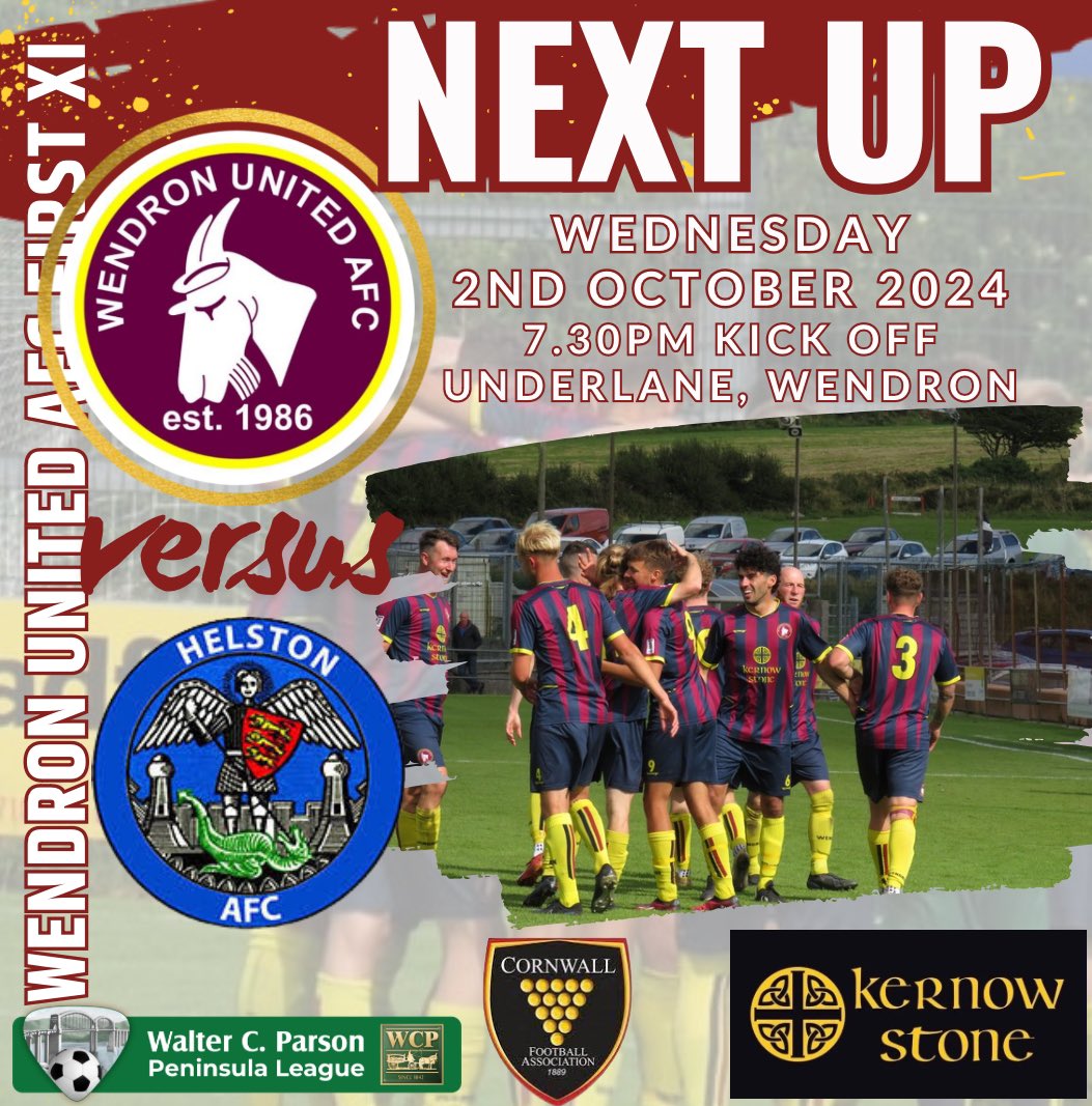 Wendron United AFC (@wendronutdafc) on Twitter photo ๐ก๐ฒ๐
๐ ๐๐ฝ
Wednesday nights are made for the Senior Cup. We kick off our <a href="/cornwallfa/">Cornwall FA</a> Snr. Cup campaign for this season against 2023 Champions and local rivals, <a href="/HelstonAFC/">Helston Athletic FC</a>
Join us for a 7.30pmKO at Underlane
<a href="/Cornishfootball/">Dave Deacon</a>
<a href="/swsportsnews/">South West Sports News</a>
<a href="/NonLeagueFix/">NonLeagueFixtures</a>
<a href="/NonLeagueHQ1/">NonLeagueHQ</a> ๐ก๐ฒ๐
๐ ๐๐ฝ
Wednesday nights are made for the Senior Cup. We kick off our <a href="/cornwallfa/">Cornwall FA</a> Snr. Cup campaign for this season against 2023 Champions and local rivals, <a href="/HelstonAFC/">Helston Athletic FC</a>
Join us for a 7.30pmKO at Underlane
<a href="/Cornishfootball/">Dave Deacon</a>
<a href="/swsportsnews/">South West Sports News</a>
<a href="/NonLeagueFix/">NonLeagueFixtures</a>
<a href="/NonLeagueHQ1/">NonLeagueHQ</a>
