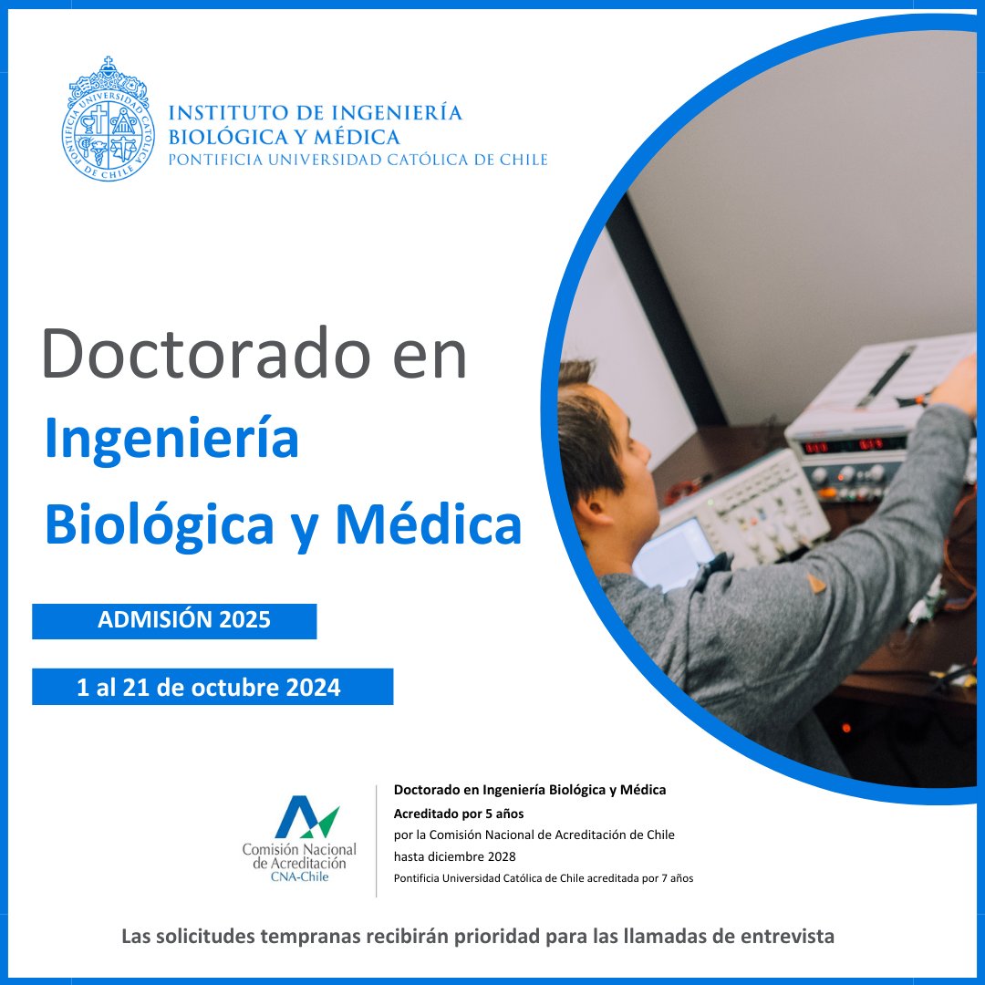 IIBM UC (@iibm_uc) on Twitter photo 📆Prepara tus antecedentes y postula a nuestro programa de Doctorado en Ingeniería Biológica y Médica a partir del 1 de octubre📆.
Desarrolla conocimientos avanzados en tecnología de la interfaz entre la Ingeniería, la Biología y la Medicina mediante nuevas investigaciones. 📆Prepara tus antecedentes y postula a nuestro programa de Doctorado en Ingeniería Biológica y Médica a partir del 1 de octubre📆.
Desarrolla conocimientos avanzados en tecnología de la interfaz entre la Ingeniería, la Biología y la Medicina mediante nuevas investigaciones.