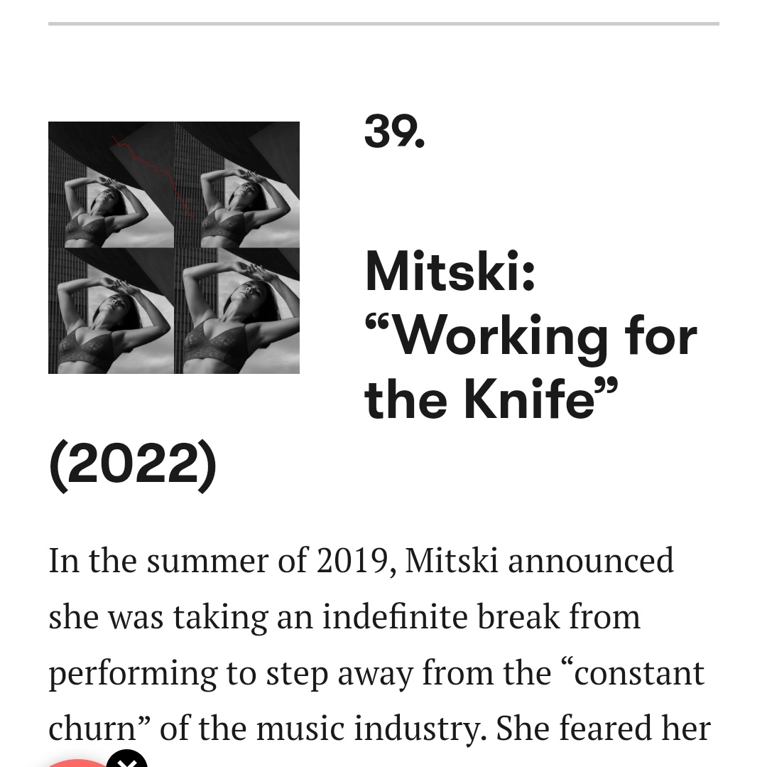 mitskidata's tweet photo. 🚨 Pitchfork names Mitski's "Working for the Knife" as the 39th best song released this decade! https://t.co/9G5ydwlIFZ
