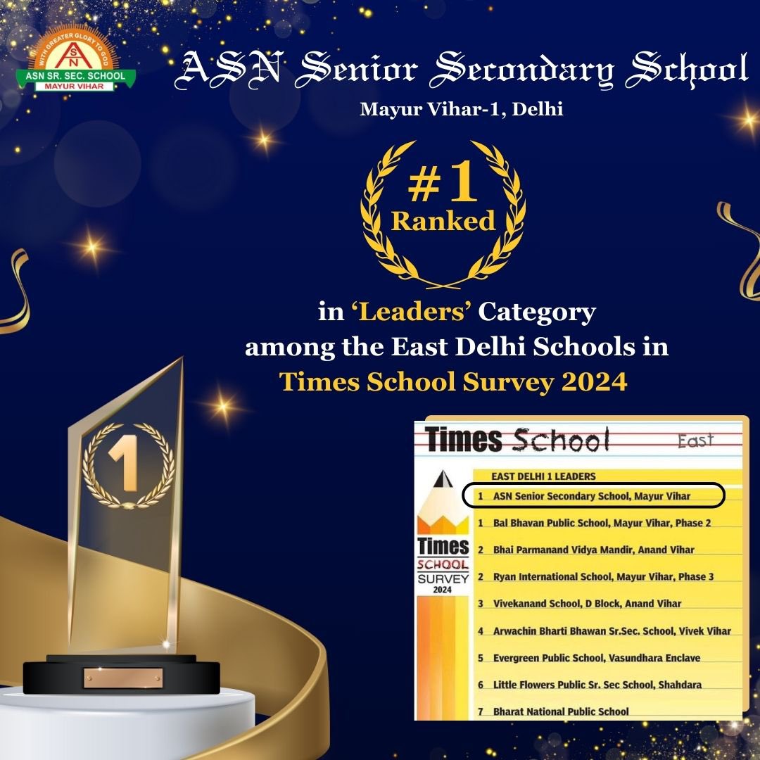 𝐋𝐞𝐚𝐝𝐢𝐧𝐠 𝐭𝐡𝐞 𝐅𝐮𝐭𝐮𝐫𝐞

ASN Senior Secondary School retains its position as the 𝐍𝐨. 𝟏 𝐬𝐜𝐡𝐨𝐨𝐥  in the Leaders Category among East Delhi schools, according to the prestigious 𝐓𝐎𝐈 𝐒𝐮𝐫𝐯𝐞𝐲 𝟐𝟎𝟐𝟒.

#ASNSeniorSecondarySchool #timesschoolsurvey2024