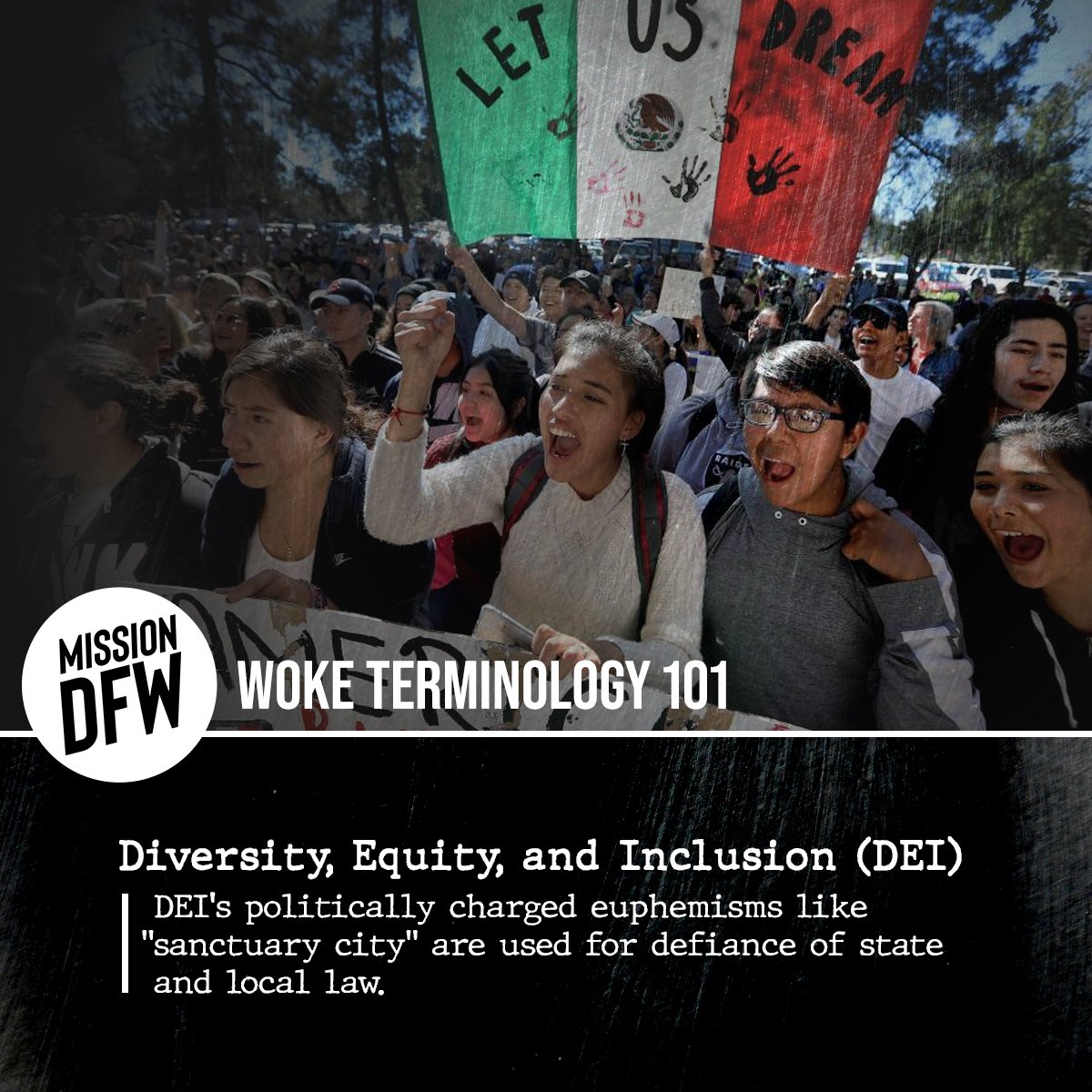 MissionDFW's tweet image. DEI policies are ripping the literal fabric of America. A nation without laws is not a nation at all!