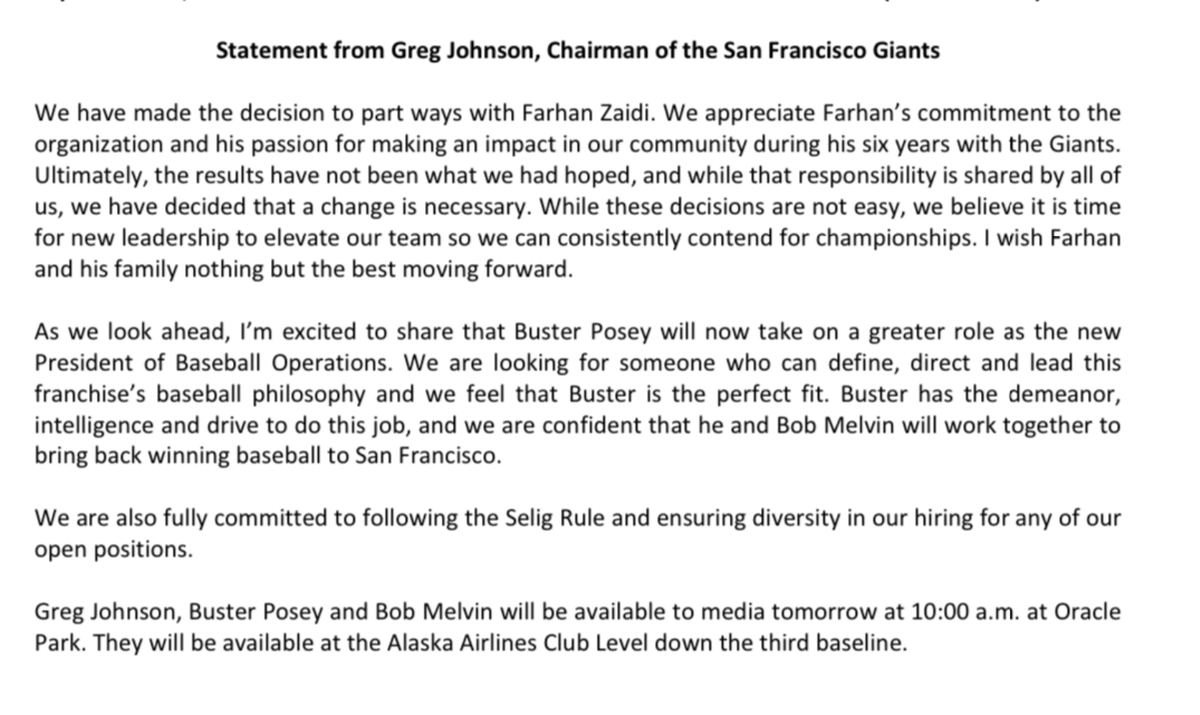 extrabaggs's tweet photo. Statement from Giants chairman Greg Johnson: https://t.co/rD3enfAMKf