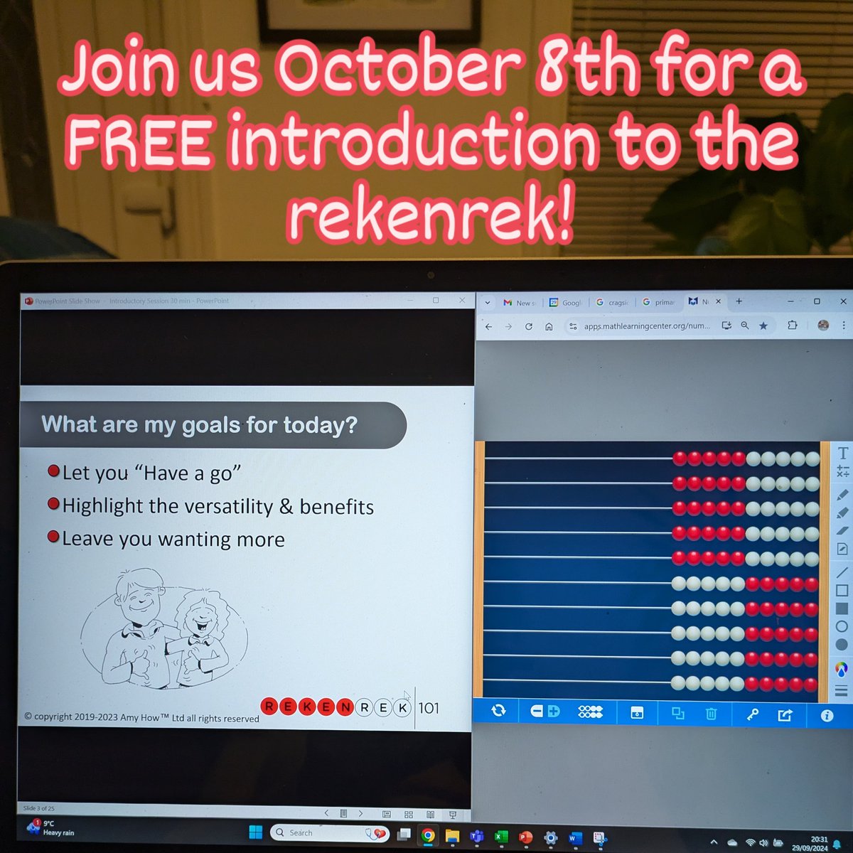 Amy How (@rekenrek101) on Twitter photo Are you curious about HOW the rekenrek can increase confidence in number sense, fluency mathematical talk...
Join us for an engaging, online session at 4pm BST.
Email for a spot!
rekenrek101@gmail.com Are you curious about HOW the rekenrek can increase confidence in number sense, fluency mathematical talk...
Join us for an engaging, online session at 4pm BST.
Email for a spot!
rekenrek101@gmail.com