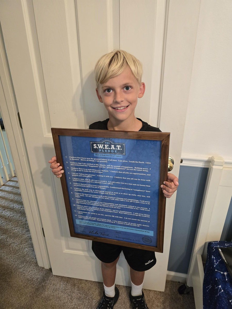 mikeroweworks's tweet photo. Hi Mike

My name is Jeremiah Wilson, and I wanted to share with you the impact your values are having on me and my family. As with most parents, I have concerns about what my two boys are being taught in school and through social interactions with other kids. I read the stories and see the videos of how kids are being groomed into thinking that they are owed everything and responsible for nothing.

I have always loved your Sweat Pledge, and recently, I went online and showed it to my oldest son, Liam. We discussed each of the 12 tenets, and talked about what they mean and why they are important. Liam agreed that before he graduates High School, he will have all 12 committed to memory.

We started that night, and within a few days of me asking him “what the first rule of the Sweat Pledge is,” he had it memorized and was able to explain what it means to him. Seeing him take it seriously, I went to mikeroweWORKS and bought two copies of the Pledge; one for him and one for his younger brother. He was thrilled to have it and we decided to demonstrate its message by putting hard work into play. Instead of buying a frame, we chose to build one ourselves. I am an amateur woodworker, so this was a great opportunity to have my son work with me in my shop while learning how to build something himself.

We used a small piece of Black Walnut. I insisted that he perform each step of the process to make the frame. In the end, he planed it smooth, ripped it into four pieces, cut it to size with the proper 45-degree angles, and assembled it himself. Glass can be expensive, so we purchased a cheap discarded picture from a second-hand store. We removed the glass and cut it to size. It was a great way to show my son how to repurpose unused items and manage costs. He was very pleased with his accomplishment. Your Pledge and his picture frame now hang proudly on his bedroom wall where he can see it daily and be inspired by it.

My sons are like all kids these days who want to always play with their electronics and skip doing their chores. But I feel they will have a greater appreciation for hard work because it is being instilled into them at a young age and your Sweat pledge is a great tool to help me with it. Who knows, perhaps one day they will be applying for a Work Ethic Scholarship because they have been inspired to be a tradesman thanks to all the great opportunities they trades provide. Thanks.

A Proud Dad

Hi Jeremiah
I can’t tell you how encouraging it is to read letters like yours.

Please tell your son that the Pledge hanging on his wall is now the foundation of a work ethic curriculum in more than thirty schools across the country. My hope is to see it in thirty thousand, but honestly, I’d consider it an even greater victory if more parents used it precisely as you have – as a conversation starter at home. As a way to discuss the importance of work ethic, personal responsibility, delayed gratification, a positive attitude, and a host of other virtues that have sadly fallen out of favor.

If he’s up for it, ask Liam to make another frame. Same size as the one he just completed. If he does, I promise to fill it with something worth framing. Something else to hang on his wall alongside the SWEAT Pledge, and talk about with his own kids, a few years down the road.
Thanks again for writing, and give Liam my regards.

Mike
PS. As for the rest of you, we sell SWEAT Pledges for $12 a piece. All the money goes to our work ethic scholarship program. Get one here, and start a conversation with your kids worth having. https://t.co/Aqxt4NbvL8