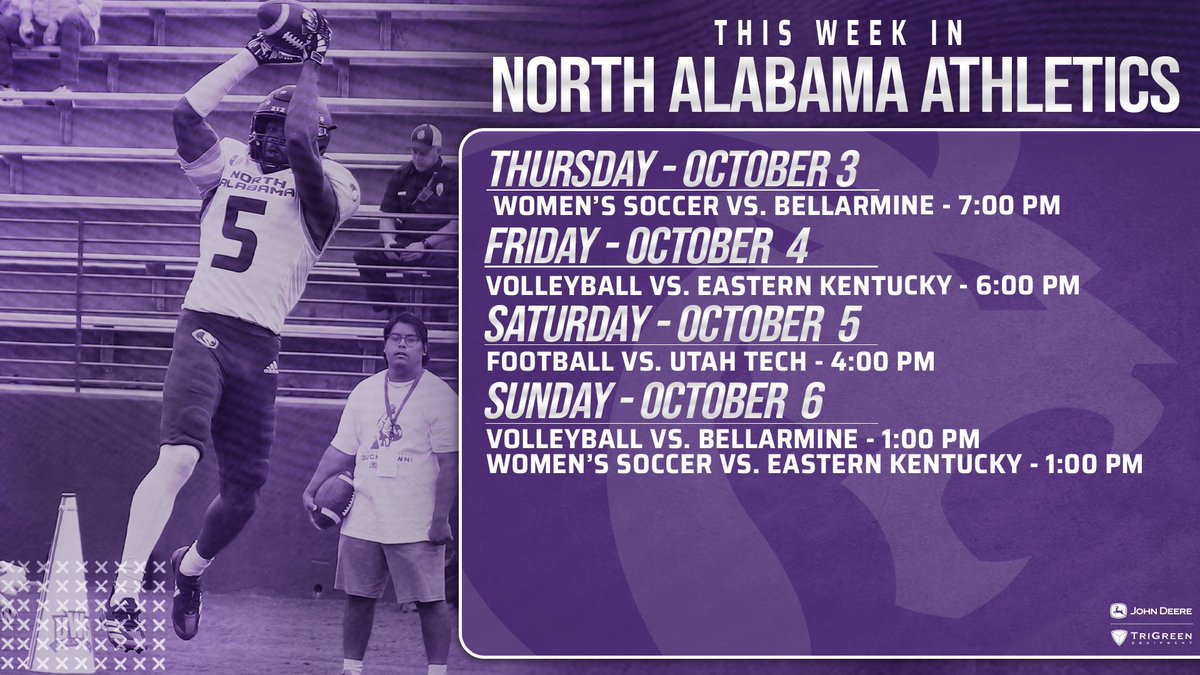 A busy weekend is on the horizon for THIS WEEK IN UNA ATHLETICS!

Four-straight days of home events?!? 

WE. CAN’T. WAIT! 🔥

#RoarLions🦁