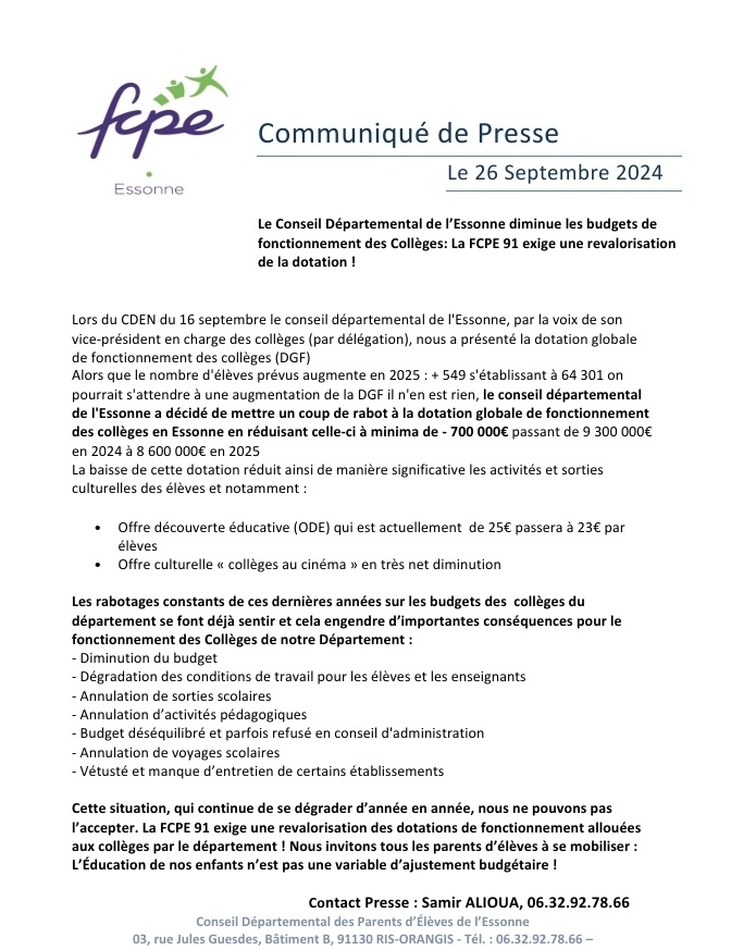 #CommuniqueDePresse
🔴Le Conseil Départemental de l’Essonne diminue les budgets de fonctionnement des Collèges: La #FCPE91 exige une revalorisation de la dotation !