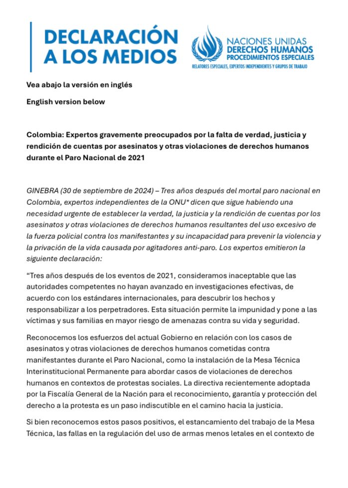 W Radio Colombia (@wradiocolombia) on Twitter photo #NoticiaW | El Comité de Expertos de la ONU calificó como “inaceptable” la “impunidad” en las investigaciones por los casos de abuso policial contra manifestantes durante el paro nacional del 2021 y respaldó la nueva directiva de la <a href="/FiscaliaCol/">Fiscalía Colombia</a>. #NoticiaW | El Comité de Expertos de la ONU calificó como “inaceptable” la “impunidad” en las investigaciones por los casos de abuso policial contra manifestantes durante el paro nacional del 2021 y respaldó la nueva directiva de la <a href="/FiscaliaCol/">Fiscalía Colombia</a>.