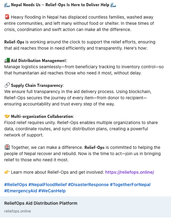 ReliefOps's tweet photo. As Nepal battles severe floods, #ReliefOps can enhance the response with real-time data, optimized resource allocation, and coordination tools. By streamlining aid efforts,we can ensure quicker and more efficient relief for those in need. #NepalFloods #DisasterRelief #TechForGood https://t.co/9Kx0Y7mSnx