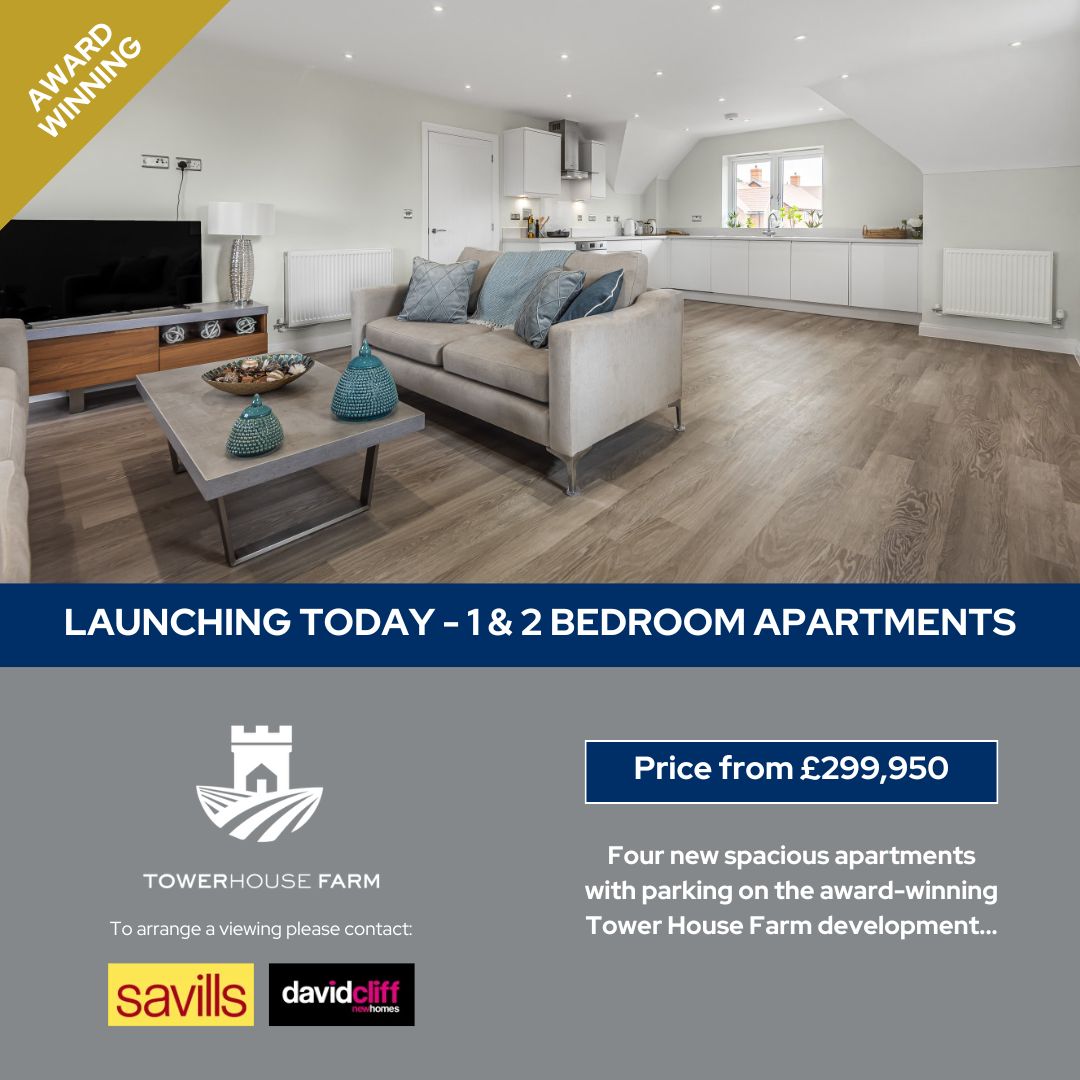 Today, we launched four 1 &amp; 2 bedroom apartments at our award-winning Tower House Farm, Mortimer village development. Prices start from £299,950.

Internally:
🛏️ 1 &amp; 2 bedrooms
🍳Fully-fitted kitchen with appliances
🏡 Spacious living
🌐 Full fibre to house

Externally:
🌿🏡