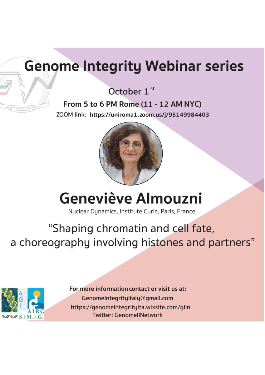 GIIN (@genomeiinetwork) on Twitter photo A kind reminder for the interesting GiiN webinar of tomorrow (1st October):
5pm (Rome time) 11am (NY time)
Prof. G. Almouzni <a href="/GAlmouzni/">Geneviève Almouzni</a>
Please, DO NOT MISS IT!!!
link: uniroma1.zoom.us/j/95149984403 A kind reminder for the interesting GiiN webinar of tomorrow (1st October):
5pm (Rome time) 11am (NY time)
Prof. G. Almouzni <a href="/GAlmouzni/">Geneviève Almouzni</a>
Please, DO NOT MISS IT!!!
link: uniroma1.zoom.us/j/95149984403