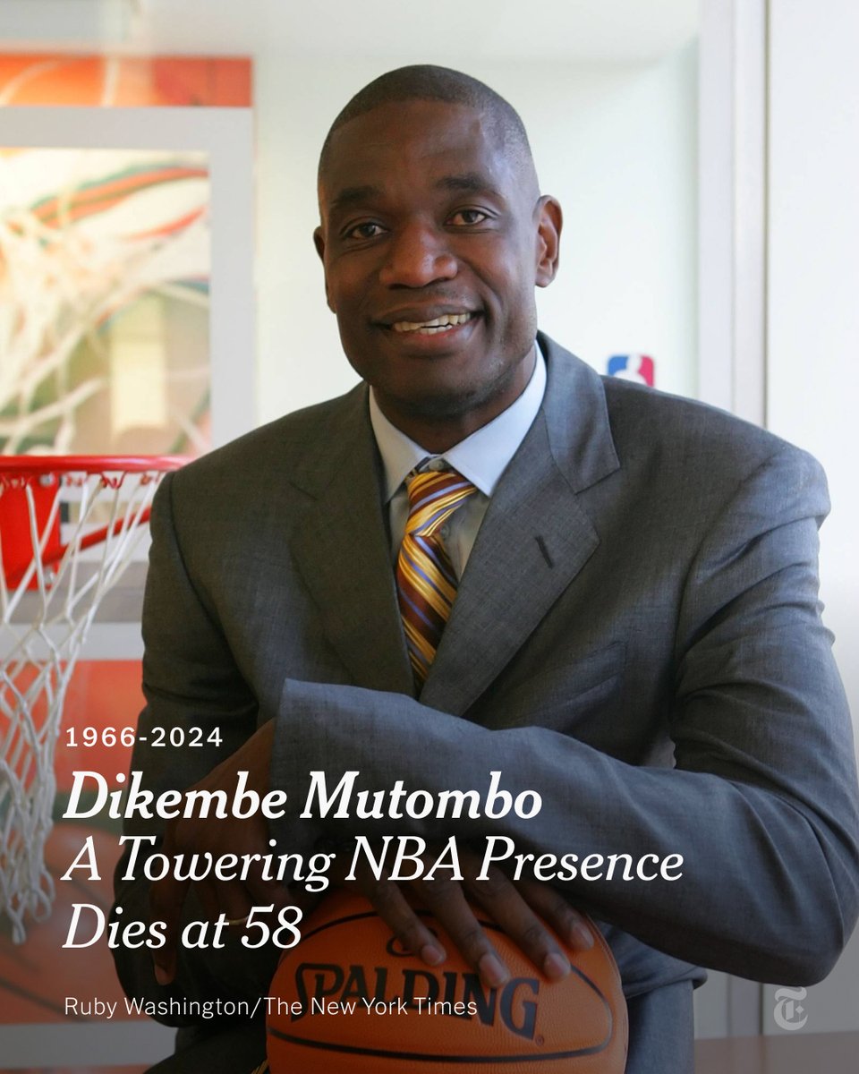 nytimes's tweet photo. The Hall of Famer Dikembe Mutombo, who died on Monday at 58, was known for his trademark finger wag, a provocative pose he used to dissuade players from challenging him at the rim. He retired with the second-most blocked shots in NBA history. https://t.co/JMbNqNY3bG https://t.co/Kj8r9KMLip