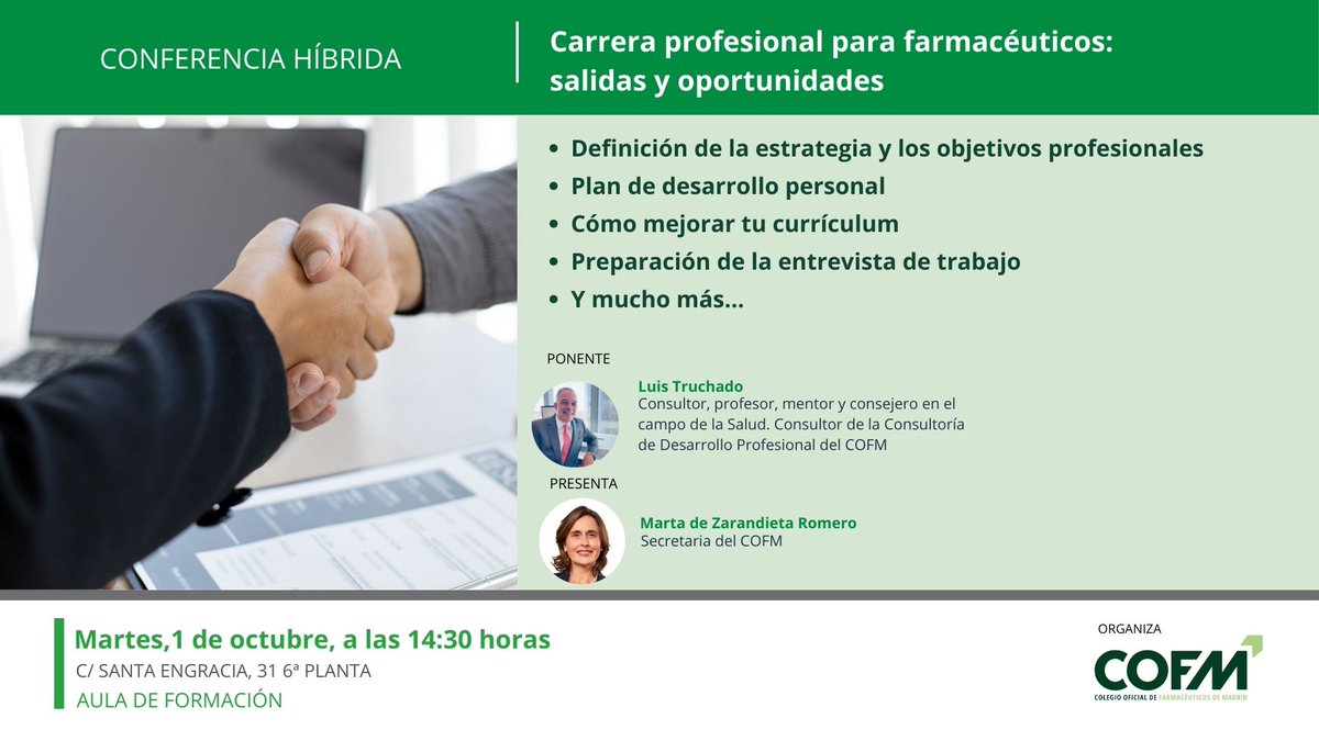 ¡No te pierdas mañana 📆la conferencia "Carrera profesional para farmacéuticos: salidas y oportunidades" a las 14:30h!🗣️ <a href="/LuisTruchado/">Luis Truchado</a>, farmacéutico y consultor del COFM te enseñará cómo impulsar tu carrera y mejorar tu CV. Modalidad híbrida.
¡Apúntate!  bit.ly/3N3OEZL