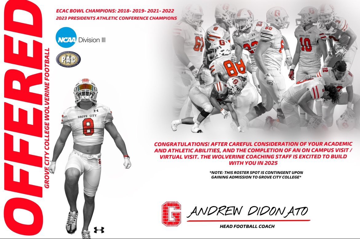 After a great conversation with <a href="/CoachBBrest/">Coach Bill Brest</a>, I am proud to announce my 2nd college offer to play at <a href="/GroveCtyCollege/">Grove City College</a>! I am blessed for the opportunity! Thank you!!!
<a href="/CoachDiDonato/">Andrew DiDonato</a> <a href="/CoachBaney/">Derrick Baney</a> <a href="/GCC_FB/">Grove City Football</a> <a href="/GCC_Wolverines/">Grove City College Athletics</a> <a href="/CoachMcCormick_/">Coach McCormick</a> <a href="/CoachBrown_GM/">Coach Brown</a> <a href="/GMFootball_/">GM Football</a> <a href="/GM_Athletics/">General McLane Athletics</a>