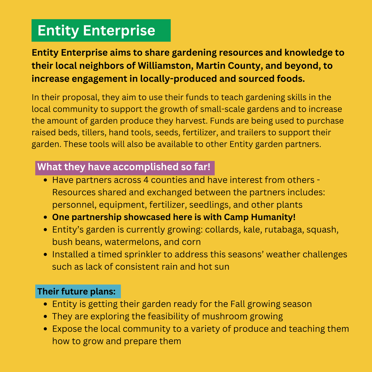unc_fforc's tweet photo. Participatory Grantmaking (PGM) Update!
Entity Enterprise aims to share gardening resources & knowledge with their neighbors and beyond. We are excited to see their network of partners & gardens grow! Check out their partner spotlight, Camp Humanity #TogetherWeGrow #FFORC https://t.co/FQ4goxK6AD