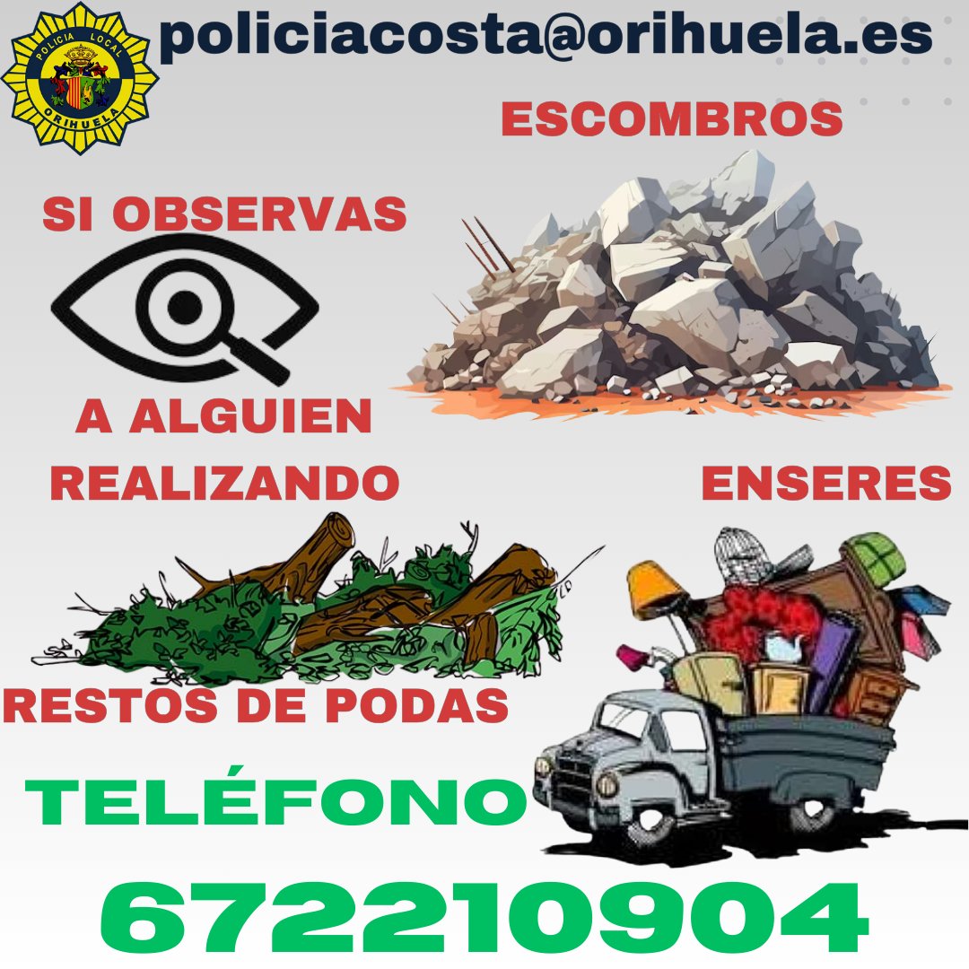 Si ves a alguien sospechoso de entrar en una vivienda o que arroja escombros o podas o enseres.

Anota matrículas y si puedes haz fotos.

Llama al 672210904 y también toda la información mándala al correo: policiacosta@orihuela.es