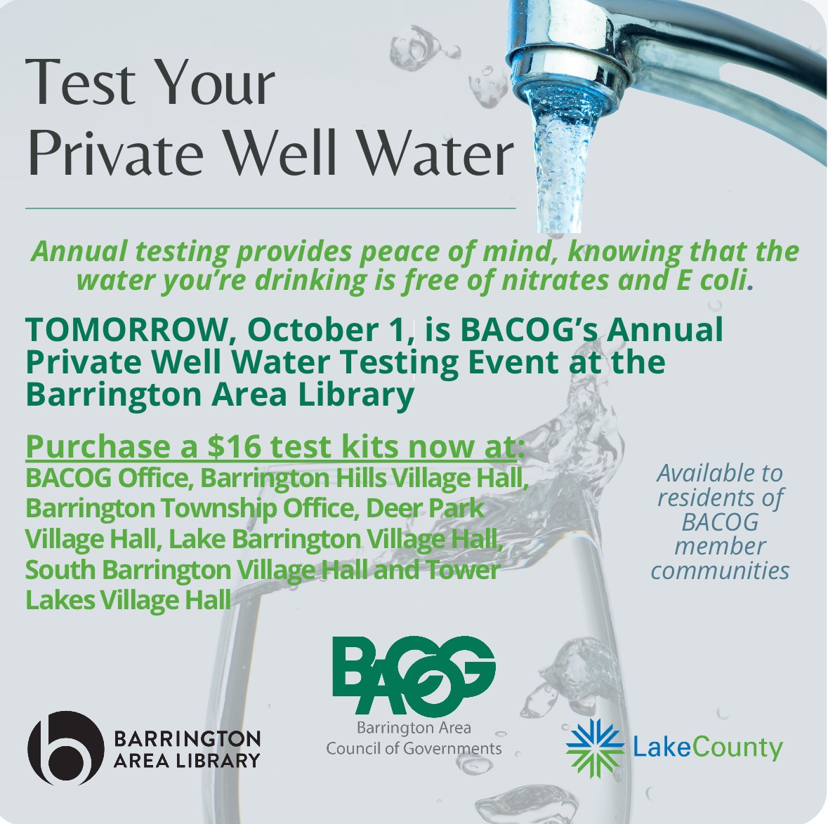 BACOG’s Annual Private Well Water Testing Event is tomorrow, Tuesday, October 1, 11am-6:30pm, at the Barrington Area Library! #bacog #safewellwater #watertesting #lakecountyhealth #barringtonarealibrary