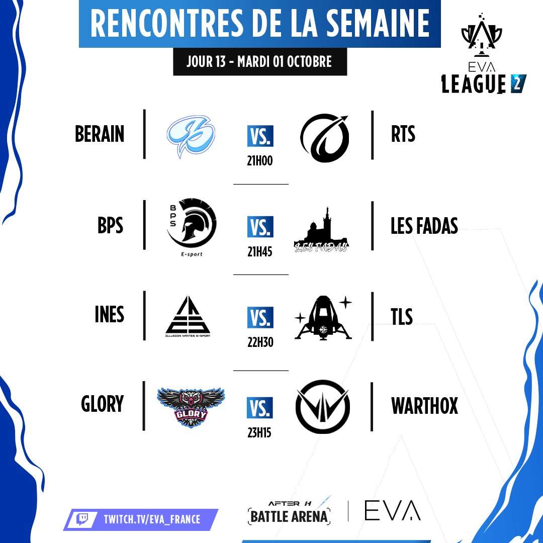 DEMAIN SOIR : 13ème journée d'EVA League 2 🚀 

Avant dernière journée de la saison, qui va se rapprocher de l'EVA League 1 ?

▶️  Rendez-vous demain soir à 20h30
🔗 twitch.tv/eva_france