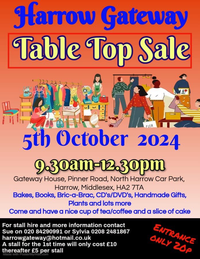 Join the fabulous team at Harrow Gateway for their Table Top Sale on Sat 5th Oct. Don’t forget, Cambridge Rd car park now charges on Saturdays so make sure you use the parking app. Sign the car park petition here: chng.it/NxJvqjM6WG #NorthHarrow #Charity