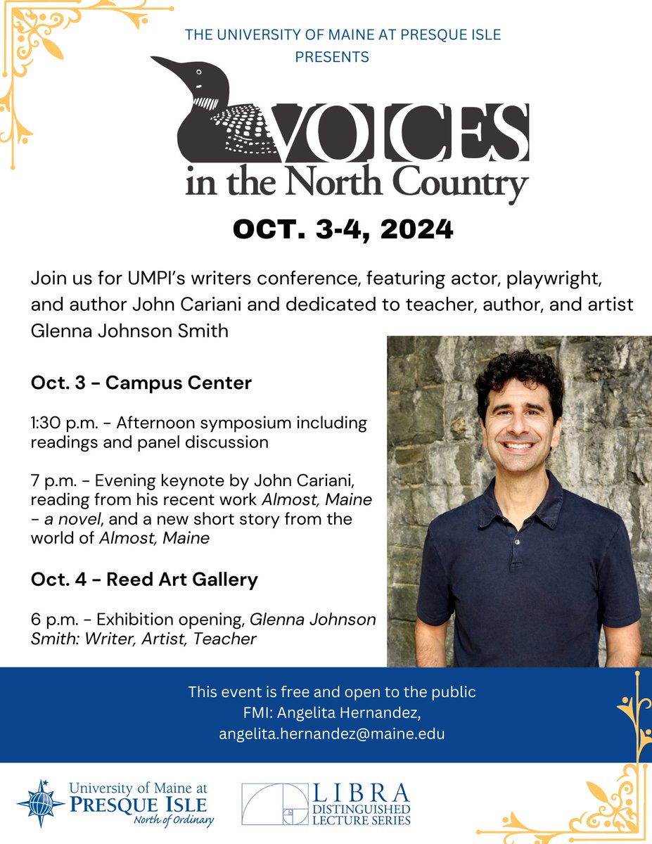 Join us for Voices in the North Country, happening this Thursday and Friday, Oct. 3-4. Symposium, panel discussion, Libra Distinguished Lecture, and Reed Gallery show. See attached flier or visit the UMPI website for more details!
umpi.edu/news/cariani-s…
