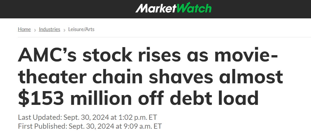 BREAKING: $AMC stock rises as movie-theater chain shaves almost $153 million off debt load

👀👀