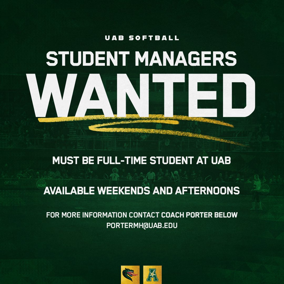 STUDENT MANAGERS WANTED 🚨

Please contact portermh@uab.edu for more information and to become a vital part of the team!!!

#WinAsOne