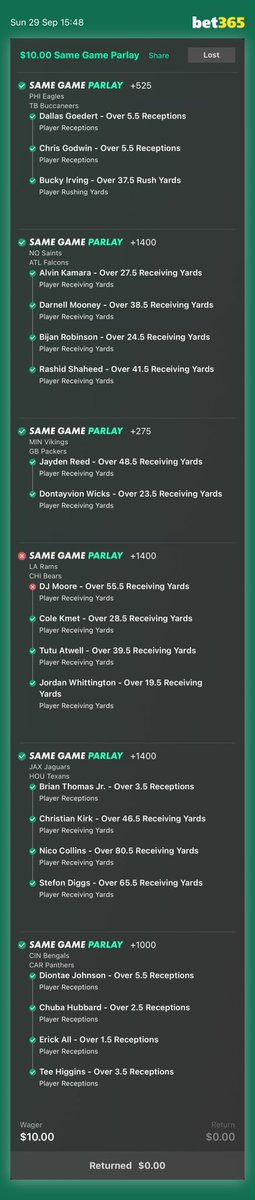 mitchw9dfs's tweet photo. When you forget to Round Robin 🤦🏼‍♂️🤦🏼‍♂️
#NFLParlay #Bet365 #GamblingX #badbeat https://t.co/MtzM5BpRym