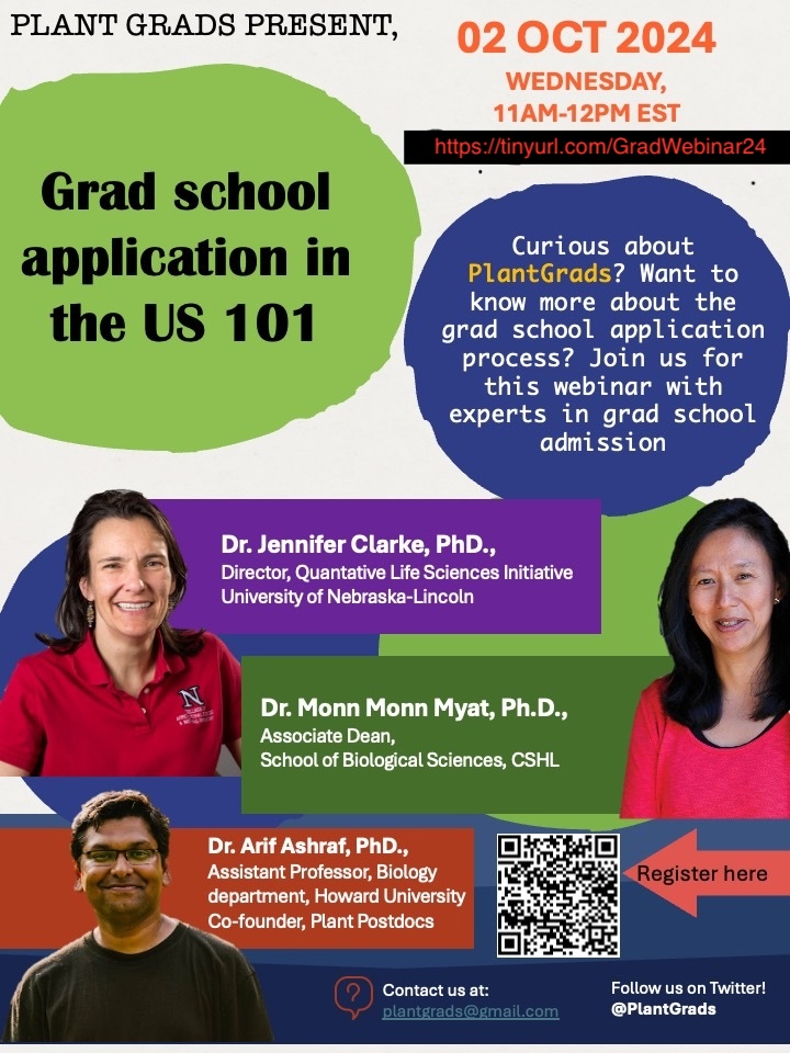 Happy to announce the launch of <a href="/PlantGrads/">PlantGrads</a> through "US Grad School application 101" webinar Oct 2nd at 11 am ET.
Register - tinyurl.com/GradWebinar24

Similar to <a href="/plantpostdocs/">PlantPostdocs (@plantpostdocs.bsky.social)</a>, PlantGrads aim to provide resources to current and prospective 🌱graduate students across the globe!