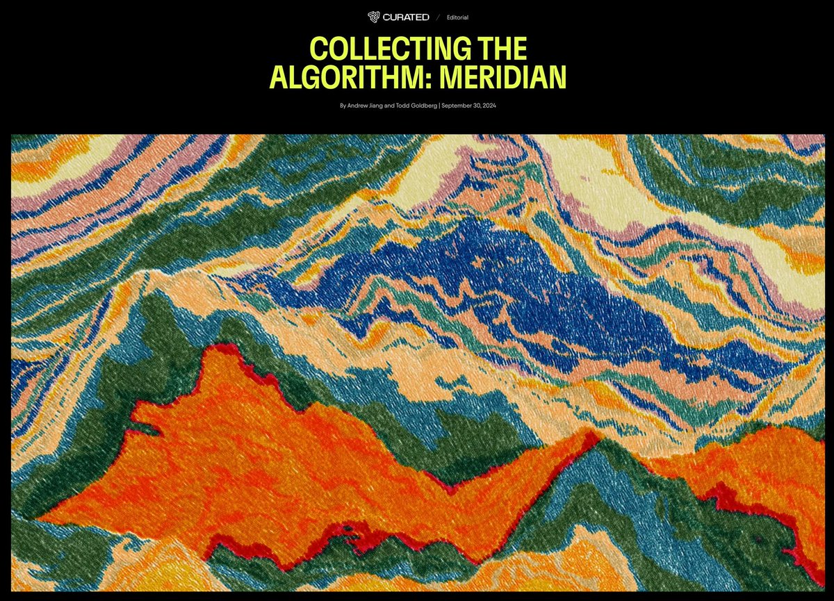 Andrew Jiang 🛡️ (@andrewjiang) on Twitter photo 1/ Matt DesLauriers (<a href="/mattdesl/">Matt DesLauriers</a>) is one of the most respected figures within generative art and creative coding, and Meridian is his most celebrated work.
Next in our “Collecting The Algorithm” series is a deep dive into Meridian and its creator. (🔗 below) 1/ Matt DesLauriers (<a href="/mattdesl/">Matt DesLauriers</a>) is one of the most respected figures within generative art and creative coding, and Meridian is his most celebrated work.
Next in our “Collecting The Algorithm” series is a deep dive into Meridian and its creator. (🔗 below)