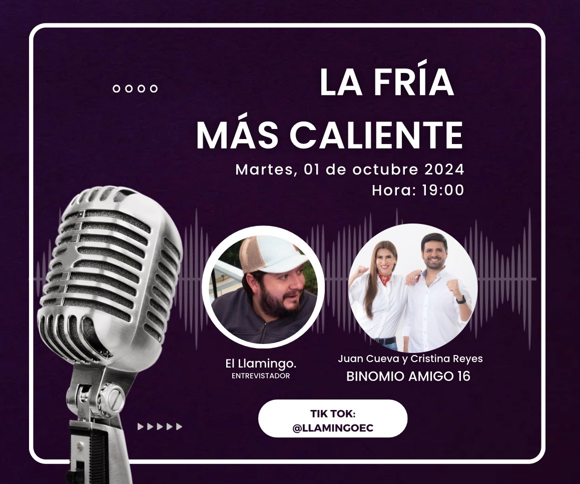 Este martes de entrevistas presidenciables nos acompañará el binomio del Movimiento Amigo 16 <a href="/AMIGOLista16/">Movimiento AMIGO Lista 16</a>, @JuanIvanCvaV y <a href="/CristinaReyesec/">Cristina Reyes Hidalgo</a>, a las 19:00. ¡TE ESPERAMOS!