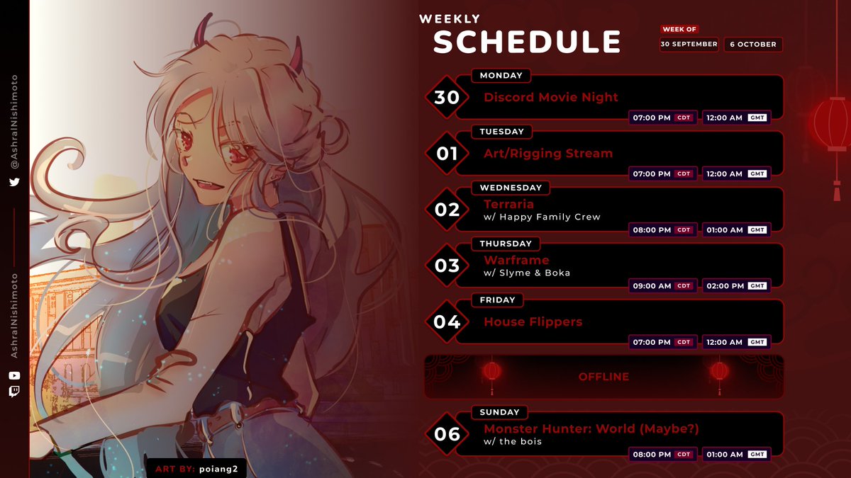 I forgor to post my schedule here (and it caused confusion), my apologies~

Also Oct 1st is the LAST DAY to add points for the streamathon, don't  miss out!!!

#schedule