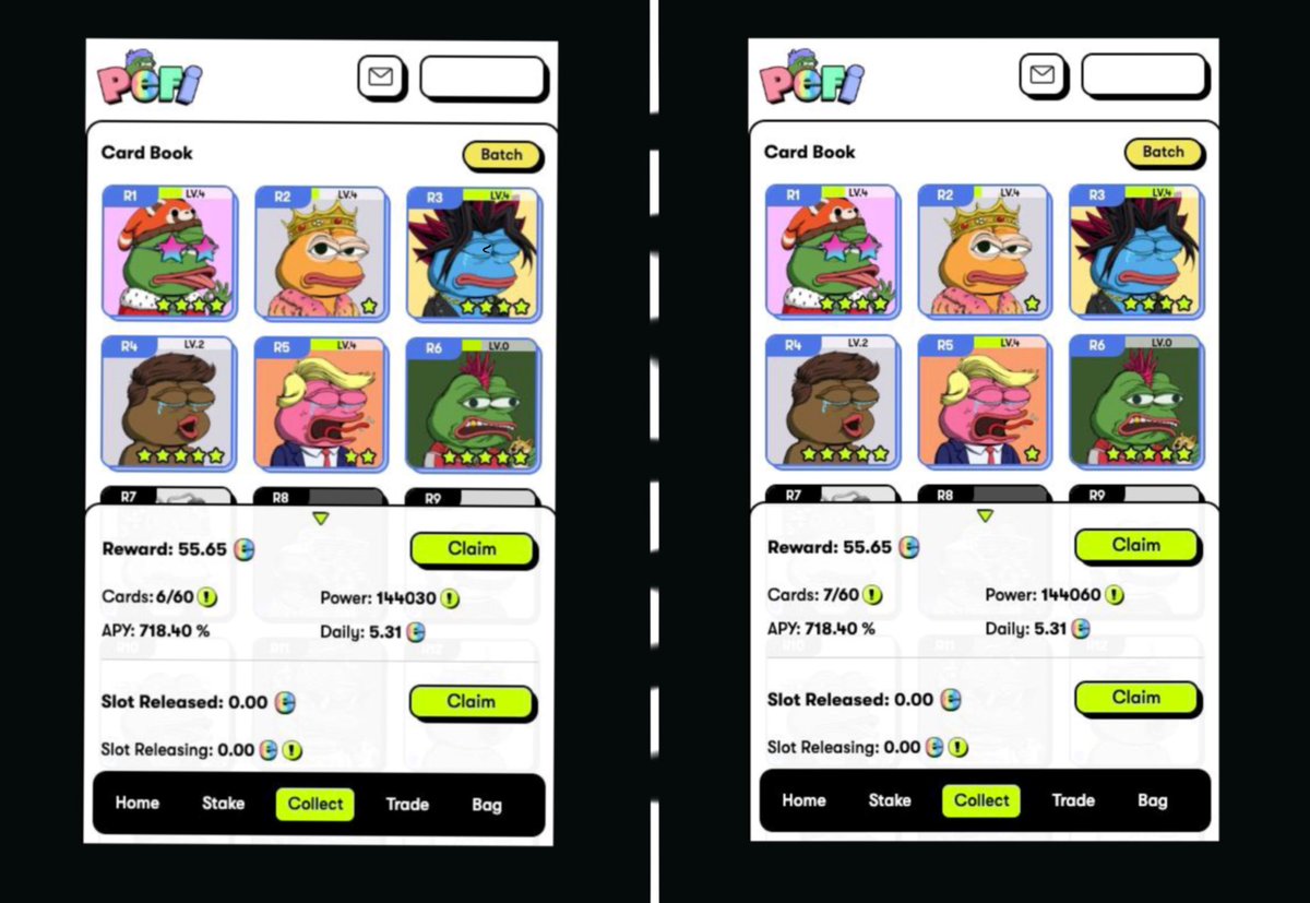 Let’s make some fun 🤩 

To find out all the differences, you'll need to comment on your answer image below with #PEFI 

We will raffle ⬇️ for the correct answers 
- 20 x PEFI CARD (LOCK 5 PEFI EACH) RANDOM CARD (R. SR. SSR)🐸
- 5U x 8 💰

Remember Like and RT!

72 hours !⏳