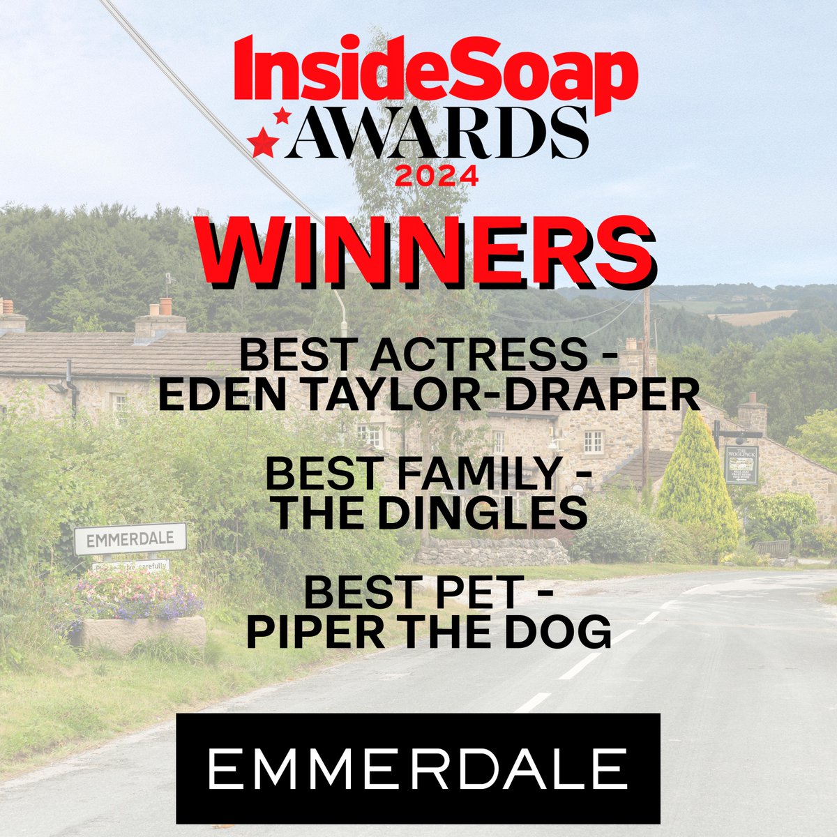emmerdale's tweet photo. Congratulations to our winners at tonight's Inside Soap Awards 🎉

A huge thank you to everyone who voted for us 💫

#Emmerdale @InsideSoapMag https://t.co/xPBVuLQa3e