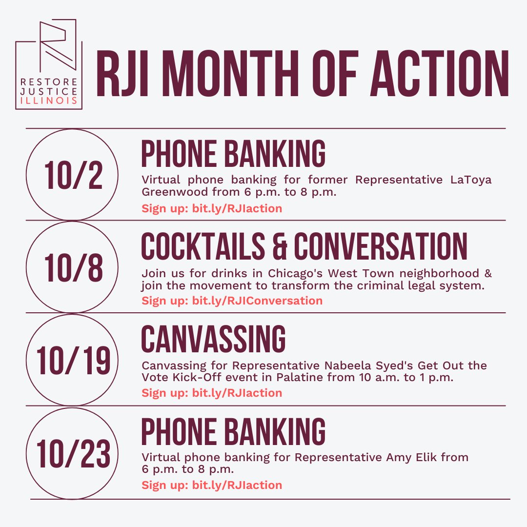 October is RJI's Month of Action! Every week in October, we will have a different opportunity for you to make a difference this election season for candidates who support ending life without parole sentences for children and young people! 
Sign up: bit.ly/RJIaction