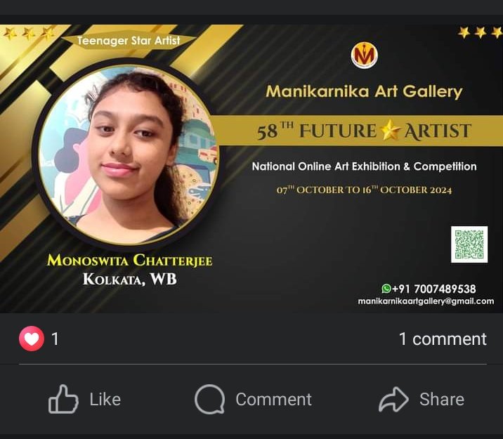 Chatterjee64891's tweet photo. https://t.co/Cg2VZvqxGF
Poster released by Manikarnika Art Gallery National Online Art Exhibition and competition of 58th Future Star Artist from 7th to 16th October 2024. https://t.co/PKcLqCILQa