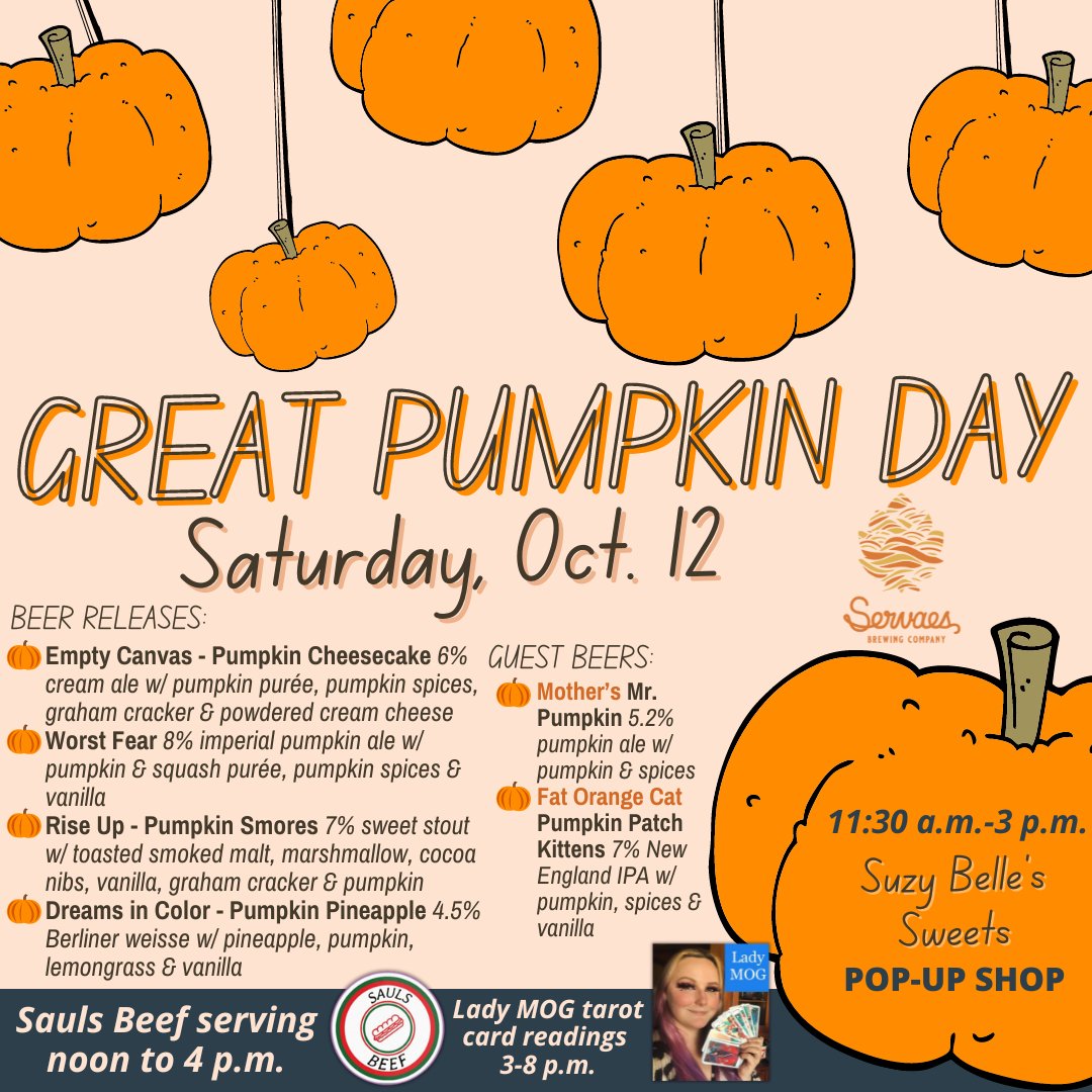 ServaesBrewCo's tweet photo. Linus: Just think, Sally, when the Great Pumpkin rises out of the pumpkin patch, we'll be there to see him ... 🎃
The Great Pumpkin Day returns to the brewery on Saturday, Oct. 12! 🎃 We'll release four pumpkin beers and two guest beers! 🎃 #brewedbyagirl #craftbeer #kcbeer https://t.co/eM9rUzbYX1