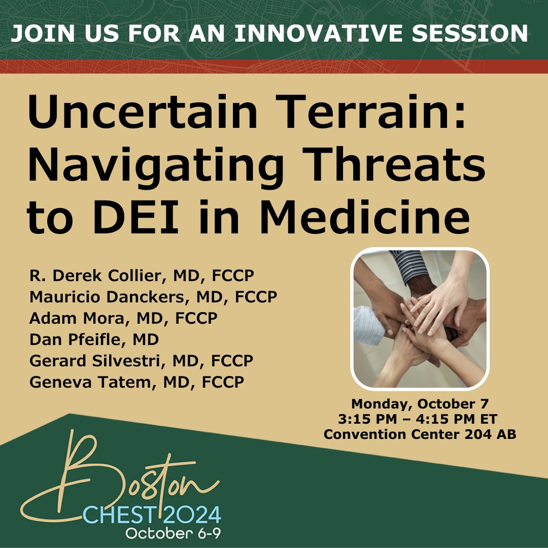 Join us on Mon., Oct. 7, from 3:15 to 4:15 PM ET, for an innovative session addressing the growing challenges of anti-DEI policies and their impact on medical education, patient care, and public health. Bring your questions for an open dialogue! hubs.la/Q02RqWC50
#CHEST2024