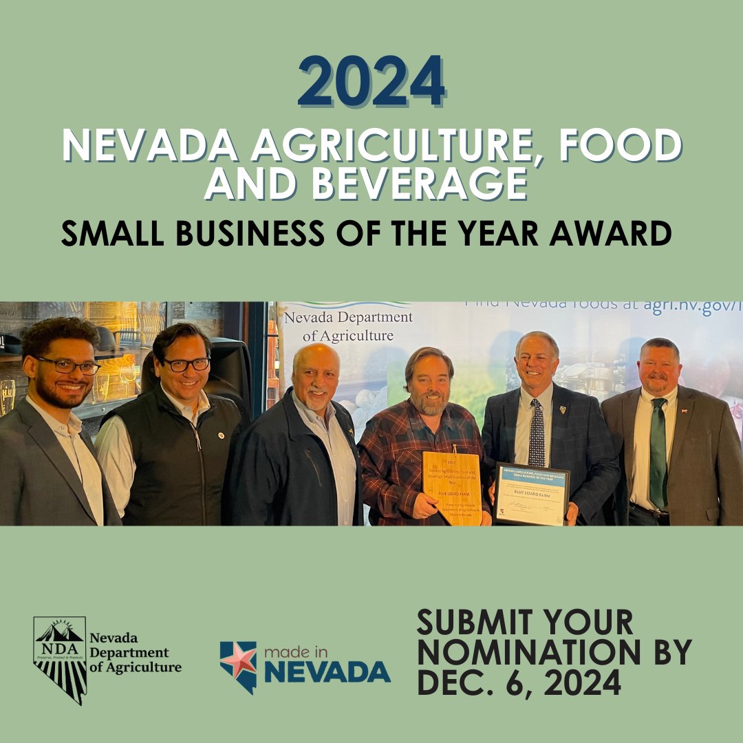 NVAgriculture's tweet photo. 🏆Nominate your favorite Nevada agriculture, food or beverage small business for the 2024 Nevada Agriculture, Food and Beverage Small Business of the Year Award by Dec. 6, 2024, at https://t.co/nRmT798ljq. 🌾🍽️ https://t.co/pNti0csgg7