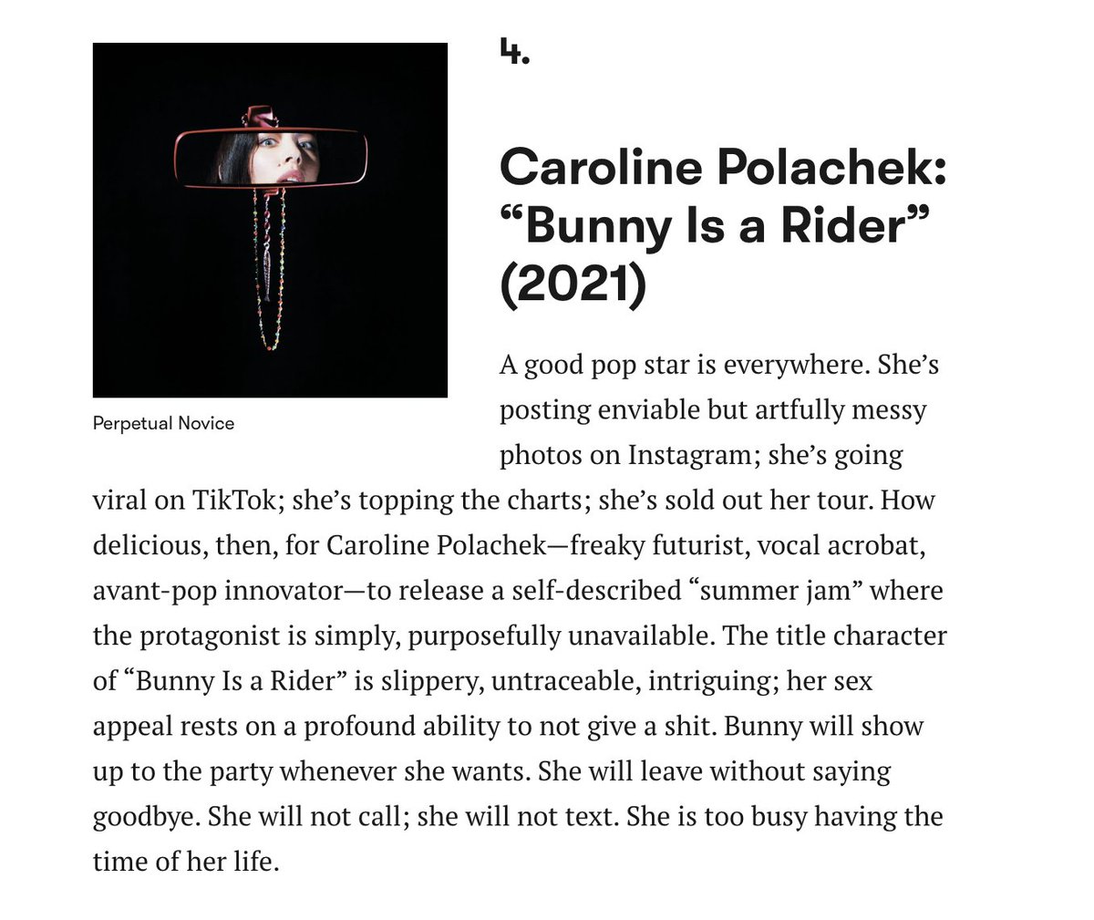 polacheknews's tweet photo. .@pitchfork names 'Bunny Is A Rider' by Caroline Polachek the #4 Best Song of the 2020s so far! 🐰🩶 https://t.co/AgediZsvEq