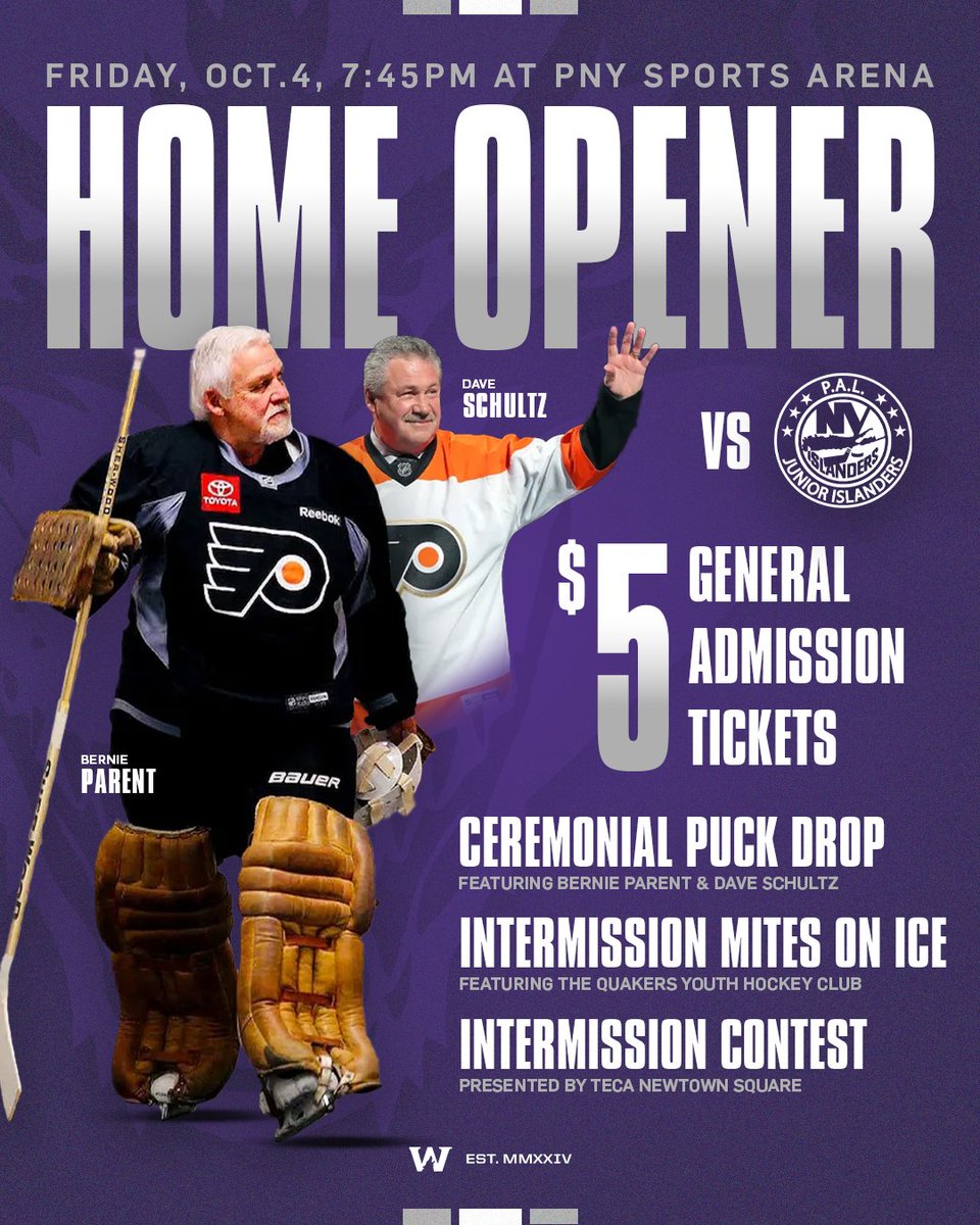 WC_Wolves's tweet photo. Don’t miss your chance to see Bernie Parent &amp; Dave Schultz LIVE as they drop the ceremonial puck at the Wolves' FIRST EVER home opener THIS FRIDAY! 🏆🐺 Tickets are just $5 at the door! 

📰 https://t.co/rgt6XKV0rc https://t.co/U9xPDasYvW