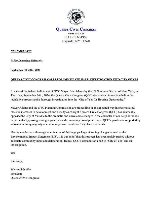 Queens Civic Congress Call for Halt, Investigation into the City of Yes