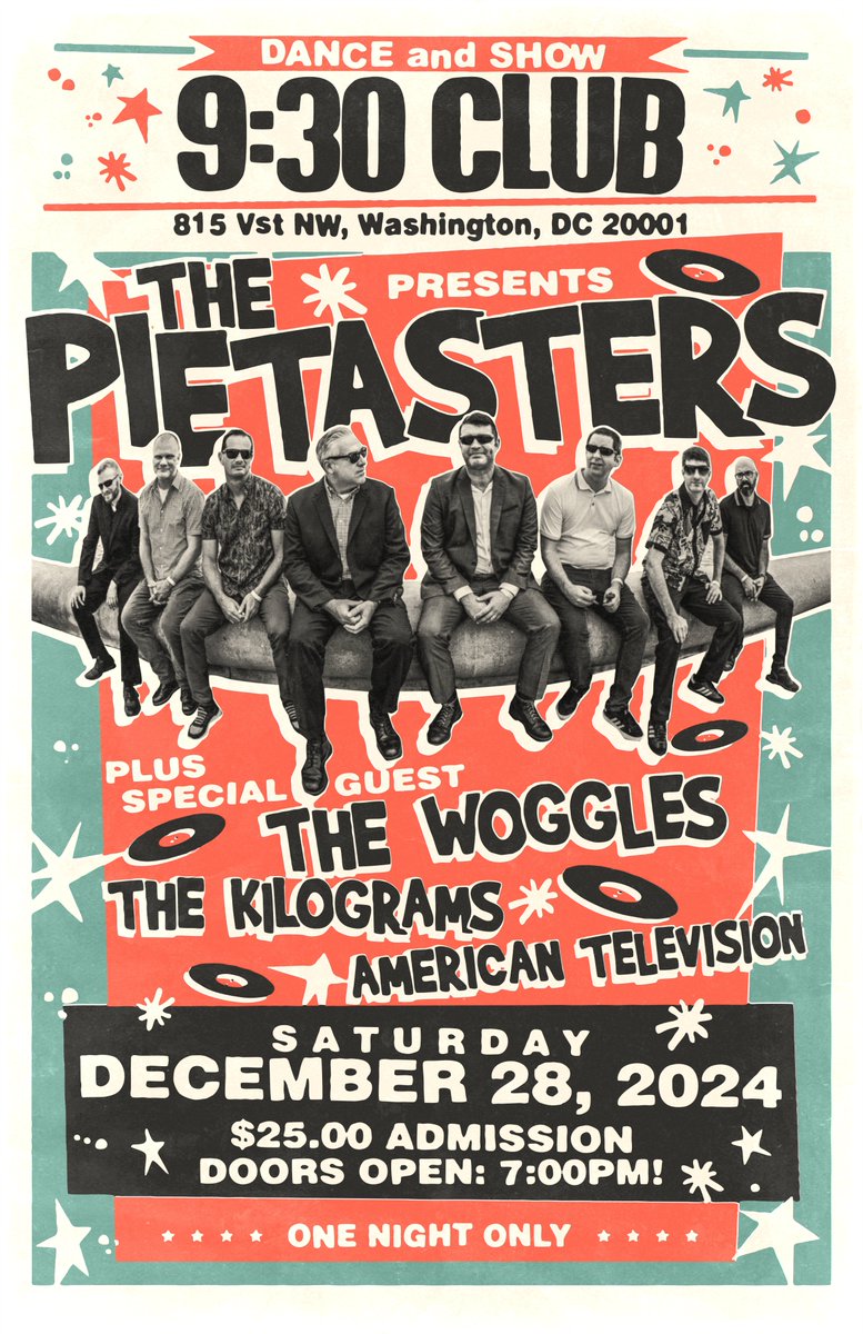 *JUST ANNOUNCED!*
Our annual <a href="/930club/">9:30 Club</a> Holiday Show will occur on Sat, Dec 28th, 2024!
<a href="/pietasters/">The Pietasters</a>  
<a href="/the_woggles/">The Woggles</a>  
<a href="/kilogramsband/">Thekilograms</a>  
<a href="/amtvband/">American Television</a>  

Tickets will be on sale beginning on Fri, Oct 4th @ 10 AM EDT!

🎟️:  ticketmaster.com/event/1500613A…