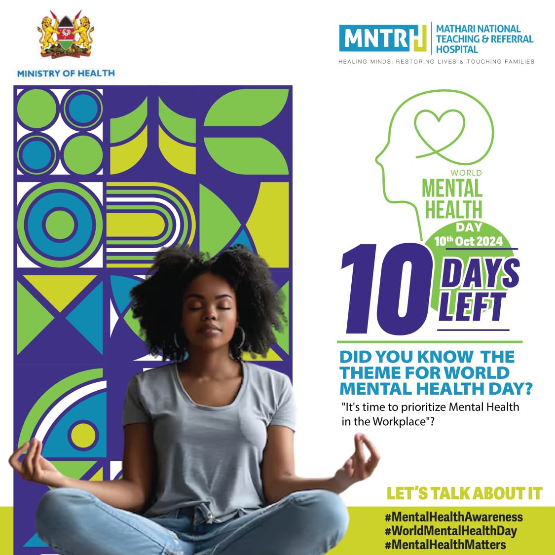 #WorldMentalHealthDay  is fast approaching. This years theme “It’s time to prioritize mental health in the workplace” <a href="/HospitalMathari/">Mathari National Teaching and Referral Hospital</a> <a href="/KenyaMedics_KMA/">Kenya Medical Association</a> <a href="/KPAkenya/">Kenya Psychiatric Association (KPA)</a> <a href="/MOH_Kenya/">Ministry of Health</a> <a href="/DrMercyKaranja/">Dr Mercy Karanja</a>