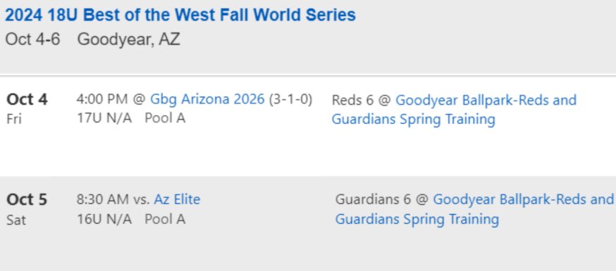 Here’s my pool play schedule for this upcoming weekend. <a href="/HitDogsAZ/">Hit Dogs Baseball Club</a>
