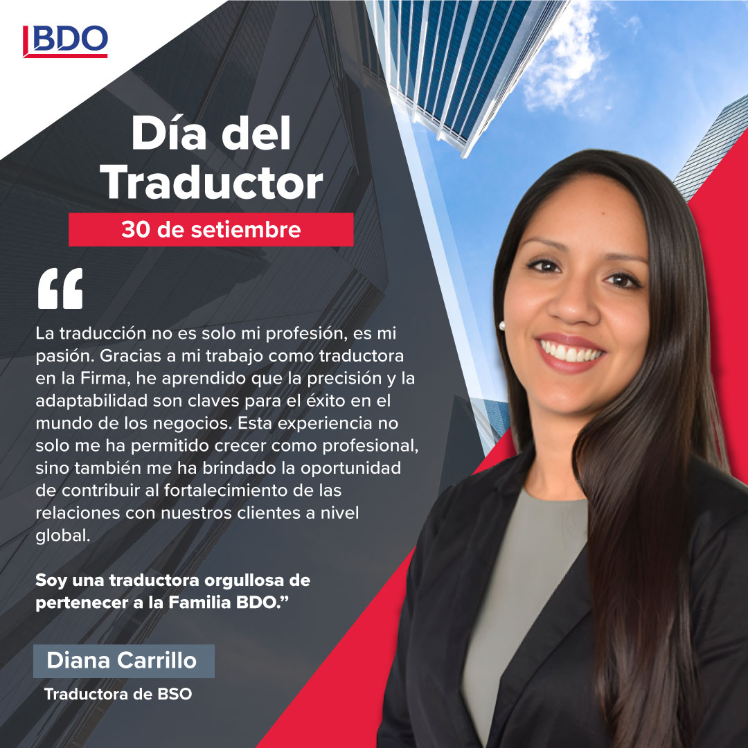 BDO_Peru's tweet photo. ➡️ En el Día del Traductor, celebramos a quienes transforman palabras en puentes que conectan culturas y negocios.
Diana Carrillo, traductora de la Firma, nos deja un gran mensaje en su día.
¡Gracias a todos los traductores que hacen posible la comunicación sin fronteras! 🌎
#BDO https://t.co/35LfmfPVn6