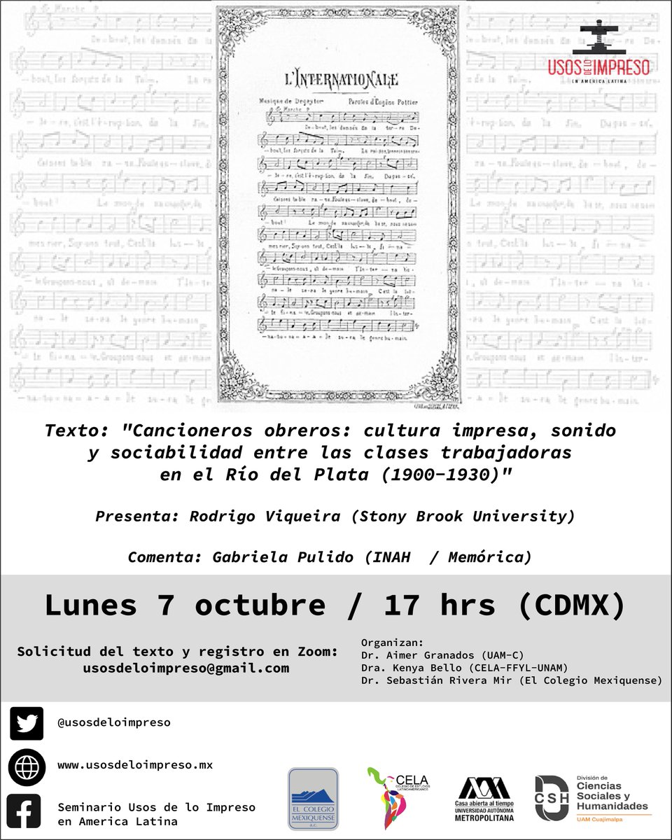 SebasRiveraMir's tweet photo. Cultura impresa y cancioneros obreros, será el tema de nuestra siguiente sesión del Seminario @Usosdeloimpreso. Aquí la información completa. Los esperamos 👇👇 https://t.co/5rPQZn5Dh2