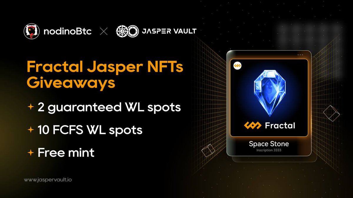 nodino don’t stop to make money💸

We placed to announce collaboration with one of the best project on #FractalBitcoin  <a href="/jaspervault/">JasperVault | Peer-to-Peer Interoperable Options</a> 🤝

🔸Follow and RT this post👇
🔸Drop your BTC address at comment

📌The details of giveaway

🔸 2 guaranteed WL Spots
🔸 10 FCFS WL Spots
🔸 Free