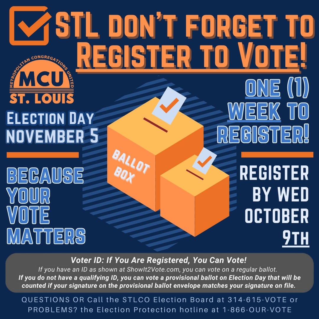 👋 HEY ST. LOUIS! There's just ONE WEEK left to REGISTER TO VOTE by Wednesday, October 9th! ✅ 

👉In-person at local election office, online, or by mail: 10/9⁠
⁠
✅ Register to vote at ow.ly/KWj650L2hxX⁠
🔗 Are you Registered? Showit2Vote.com⁠

#MCU #GOTV #STL