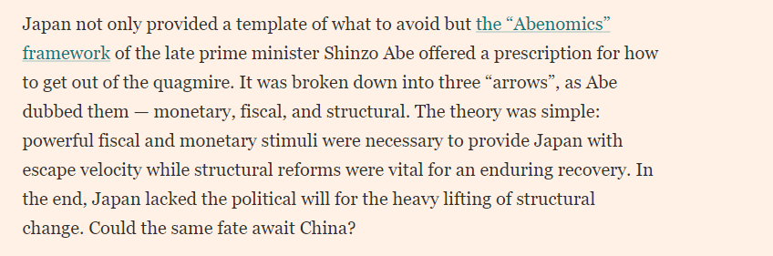 Brad_Setser's tweet photo. I am going to disagree with my old friend Stephen Roach.

China absolutely should not emulate Abe's "three" arrows --

Fiscal policy under Abe was NOT stimulative, it was very restrictive, thanks to the 5% (2.5 pp of GDP) increase in the consumption tax

1/ https://t.co/ToSeEsEaKI