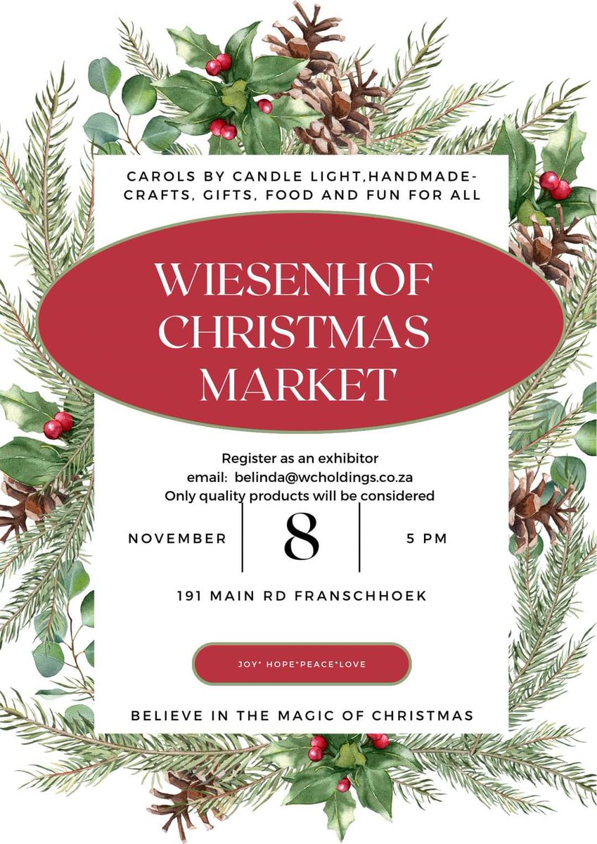 Register NOW as an exhibitor for our first Christmas market
belinda@wcholdings.co.za
191 Main Rd, Franschhoek 
021-1097999 
<a href="/4KobusWiese/">Kobus Wiese</a> <a href="/BelindaDemroux/">Belinda</a> <a href="/rouxdem/">Belinda Wiese</a> <a href="/GOFranschhoek/">GO Franschhoek</a> <a href="/FranschhoekLife/">Franschhoek Life 🇿🇦</a> <a href="/KwaggaBoucher/">Kwagga Boucher</a>